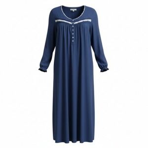 Eileen West Womens Navy Blue Long Sleeve Lace Trim Nightgown XL Modal Spandex